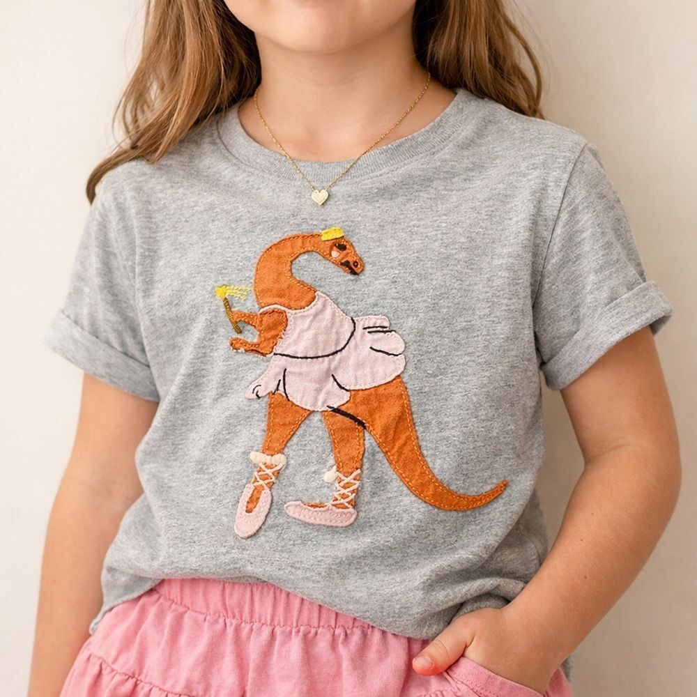 Hanna Andersson Girls 10 Gray Ballerina Dinosaur Graphic Tee Cotton Shirt